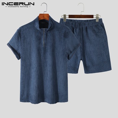 Beehoo INCERUN Mens Short Sleeve Zip Up Sets Shorts Suits Fit Sleepwear Underwear(Western Style)