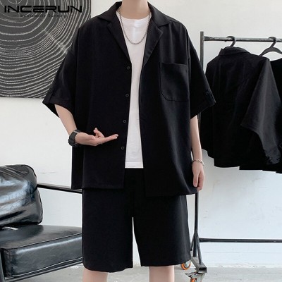 INCERUN Men Short Sleeve Korean Style Casual Suits Button Shirts Elastic Waist Short Sets (Korean Style)